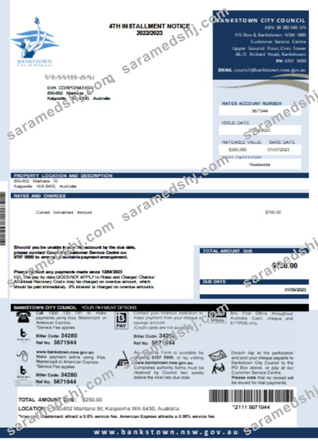 NSW Bankstown City Council utility business bill, SCR